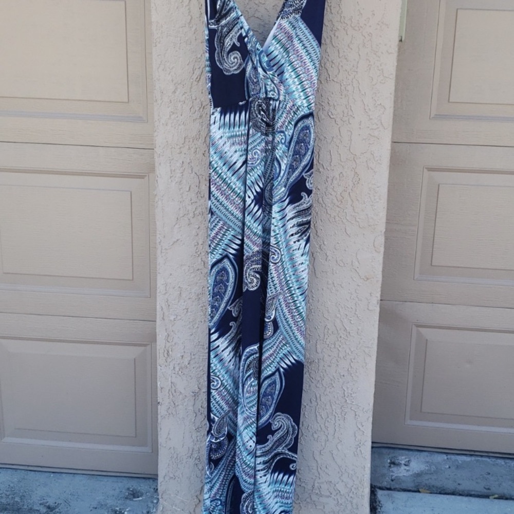 Renee C. stitch fix Wynne navy peacock paisley open wrap sexy knit Maxi Dress.